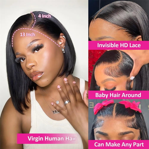Straight Human Hair Wigs With Bangs Fringe Middle Part Bob Lace Wigs Realistic Scalp Brazilian Straight Bob Lace Wigs With Bangs
