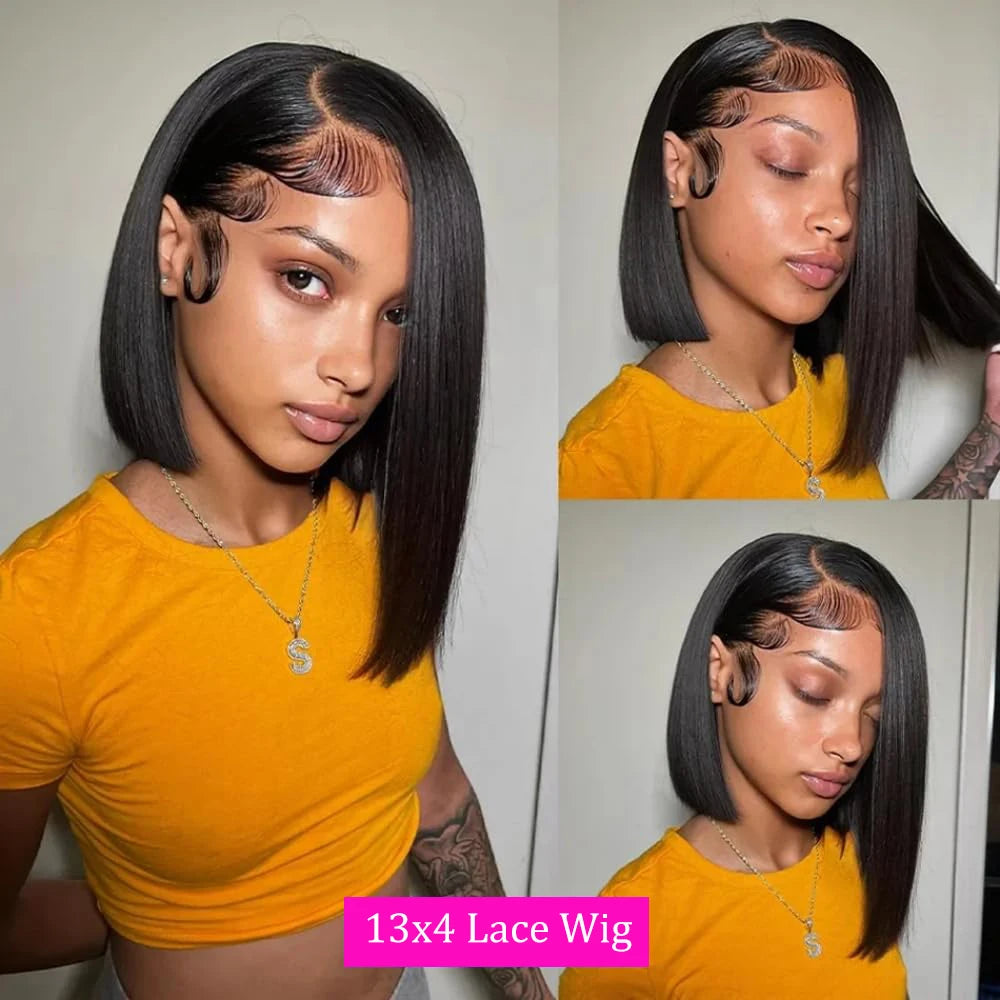 Straight Human Hair Wigs With Bangs Fringe Middle Part Bob Lace Wigs Realistic Scalp Brazilian Straight Bob Lace Wigs With Bangs