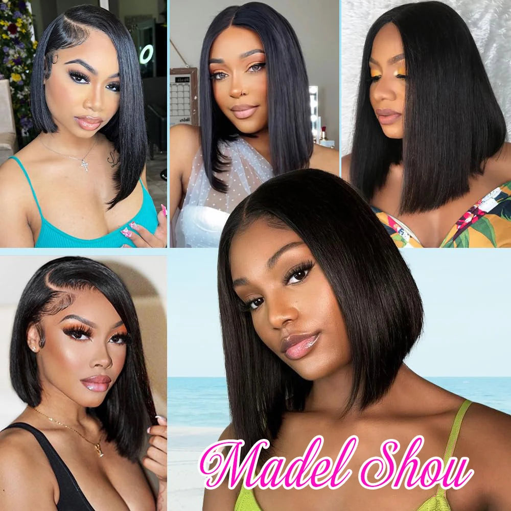 Straight Human Hair Wigs With Bangs Fringe Middle Part Bob Lace Wigs Realistic Scalp Brazilian Straight Bob Lace Wigs With Bangs