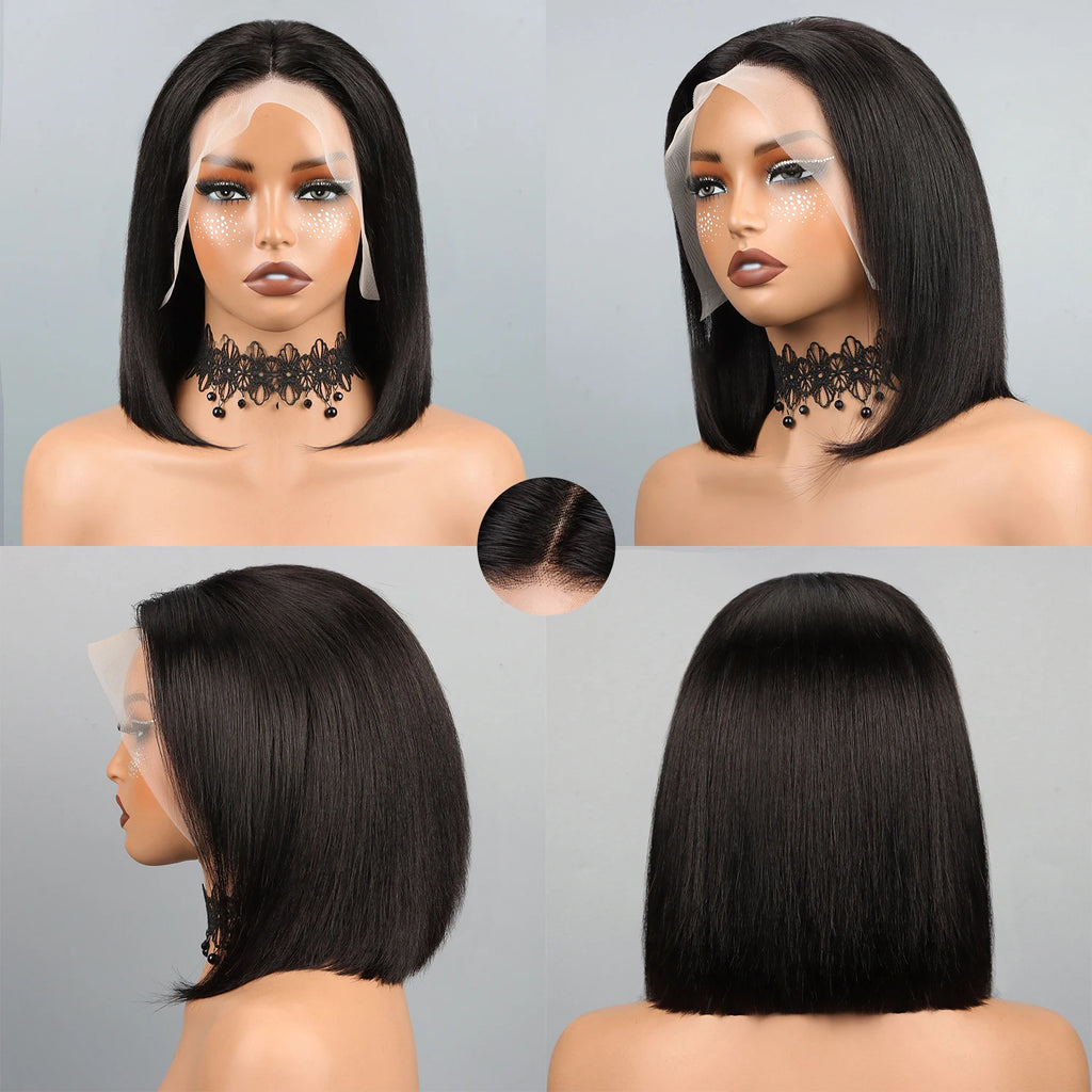 Straight Human Hair Wigs With Bangs Fringe Middle Part Bob Lace Wigs Realistic Scalp Brazilian Straight Bob Lace Wigs With Bangs