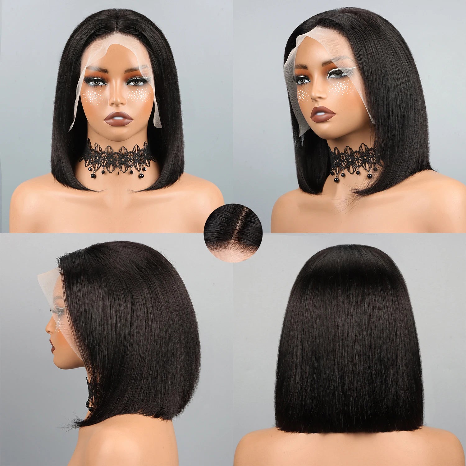 Straight Human Hair Wigs With Bangs Fringe Middle Part Bob Lace Wigs Realistic Scalp Brazilian Straight Bob Lace Wigs With Bangs