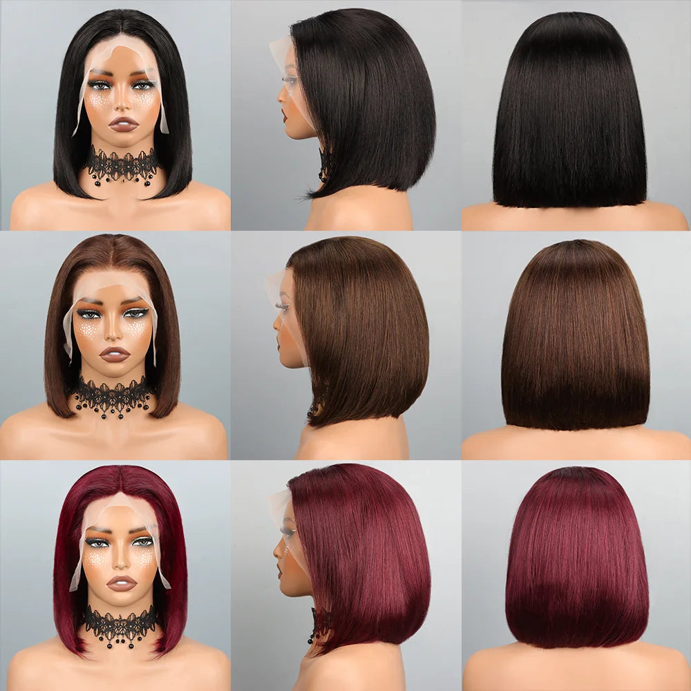 Straight Human Hair Wigs With Bangs Fringe Middle Part Bob Lace Wigs Realistic Scalp Brazilian Straight Bob Lace Wigs With Bangs
