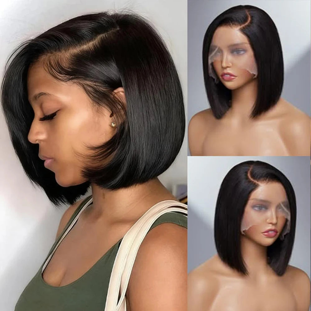 Straight Human Hair Wigs With Bangs Fringe Middle Part Bob Lace Wigs Realistic Scalp Brazilian Straight Bob Lace Wigs With Bangs